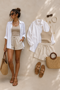 Woman in a summer outfit with a straw bag and matching clothes laid out