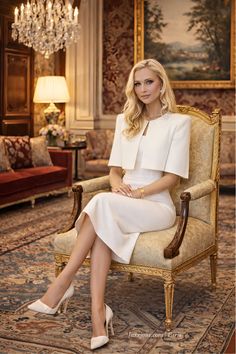 Woman in a white dress and high heels sitting in a luxurious room