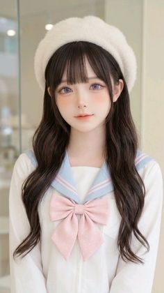 Anime style girl with long dark hair, a white beret, and a pink bow