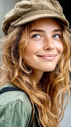 Woman with long hair, freckles, and blue eyes wearing a corduroy hat and green shirt