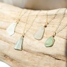 Sea glass necklaces with gold chains displayed on driftwood
