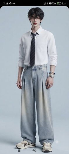 3D render of a person with black hair wearing a white shirt, tie, and baggy jeans