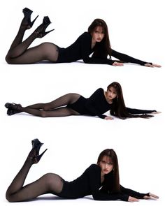 Woman in a black bodysuit and high heels posing on a white background