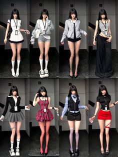 Multiple women in various outfits, including school uniforms and casual wear