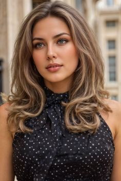 Woman with wavy blonde hair wearing a polka dot top outdoors
