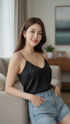 Woman with long hair wearing a black camisole and denim shorts indoors