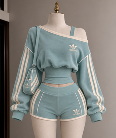 Light blue two-piece sportswear set on a mannequin with a matching mini bag