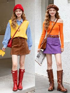Two women in colorful autumn outfits with long wavy hair posing outdoors