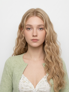 Young woman with long blonde wavy hair and green eyes wearing a green cardigan