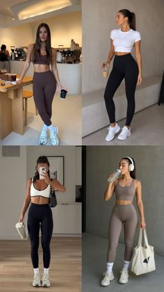 Four women in athletic wear in various indoor settings