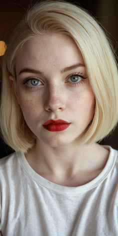 Close-up portrait of a woman with blonde hair, red lipstick, and freckles