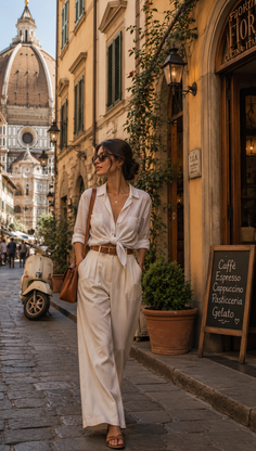 Woman in a white shirt and wide leg pants walking on a cobblestone street