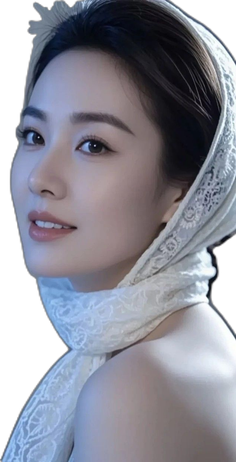 Woman with dark hair and a white lace headscarf, looking over her shoulder