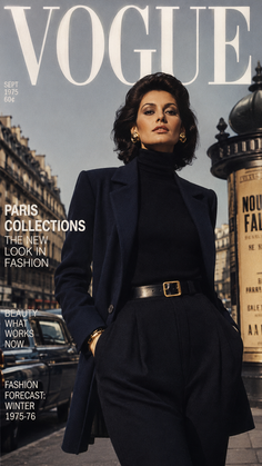 Woman in a dark suit and turtleneck on a city street, featured on a magazine cover