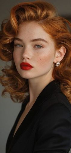 Woman with red hair and freckles wearing red lipstick and a black top