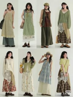 Eight women showcasing various layered, casual outfits in earthy tones
