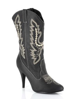 Black cowboy boot with white embroidery and a high heel