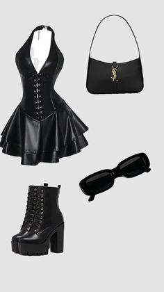 Black leather dress with corset top, platform boots, shoulder bag, and sunglasses
