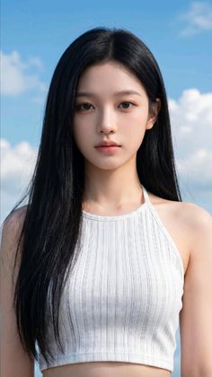 Woman with long black hair wearing a white halter top against a blue sky