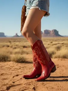 Person in red cowboy boots and denim shorts in a desert landscape