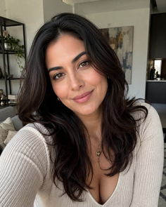 Woman with long dark hair wearing a ribbed top and gold necklace indoors