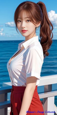 Woman in a white shirt and red skirt with a ponytail by the ocean