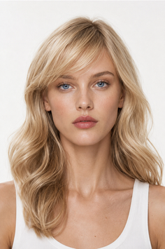 Woman with blonde wavy hair and blue eyes wearing a white tank top