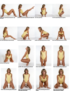 Woman in a yellow swimsuit posing in various positions against a white background