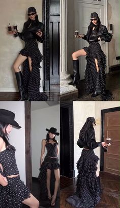 Woman in a black polka dot outfit with a ruffle skirt and long boots