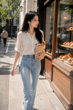 Woman with long black hair walking on a street with a bag of bread