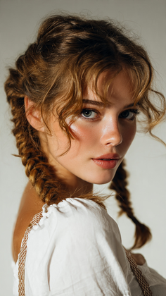 Woman with braided red hair and a white shirt looking over her shoulder