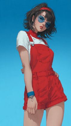 Woman in red overalls and sunglasses against a blue background