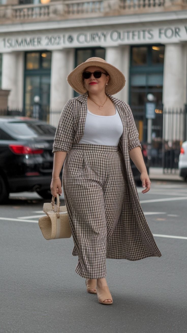 Woman in a plaid outfit and straw hat walking on a city street