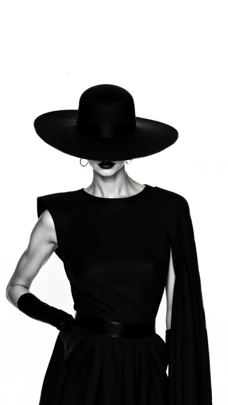 Woman in a wide brim hat and black dress with long gloves