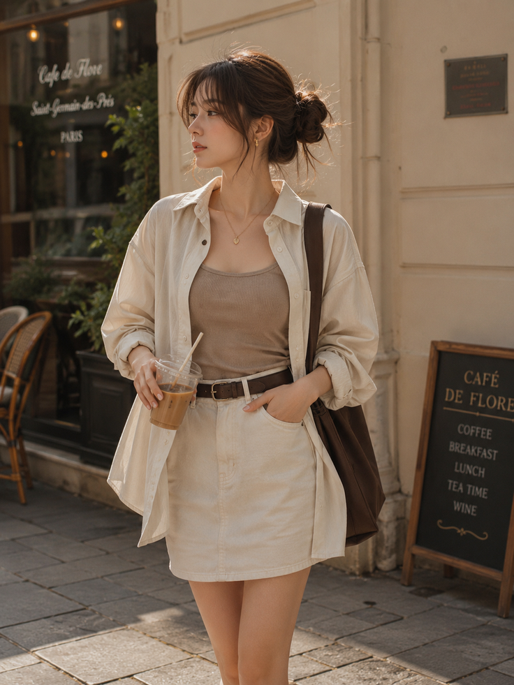 Woman in a mini skirt and oversized shirt holding iced coffee on a street