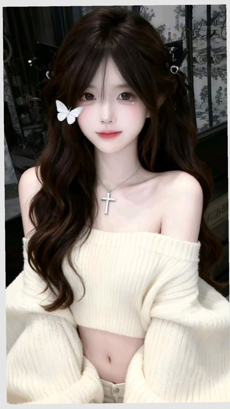 Anime style girl with long hair wearing an off-shoulder sweater and cross necklace