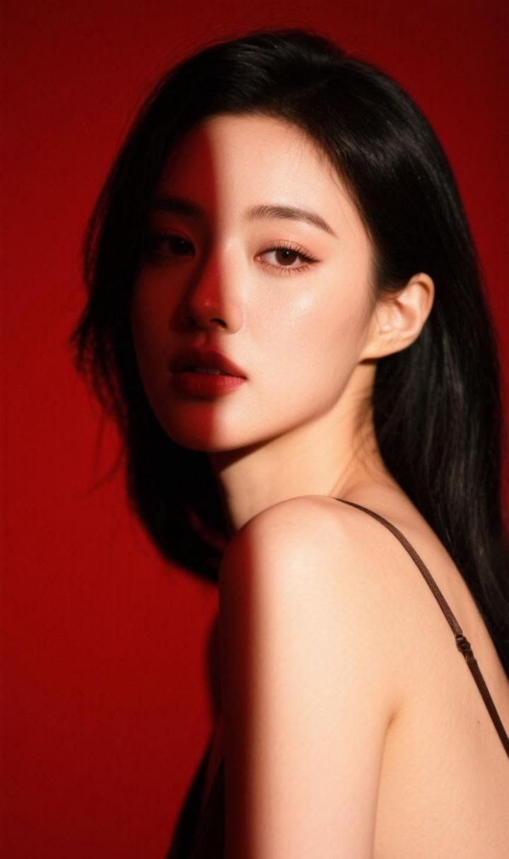 Woman with long black hair in dramatic red lighting with exposed shoulder