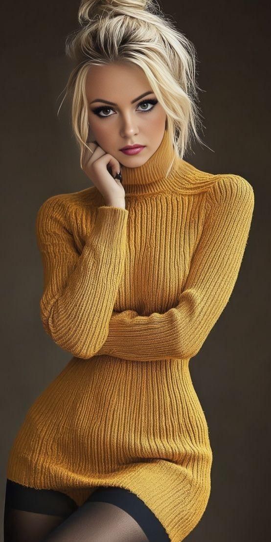 Blonde woman in a yellow turtleneck sweater with a messy bun