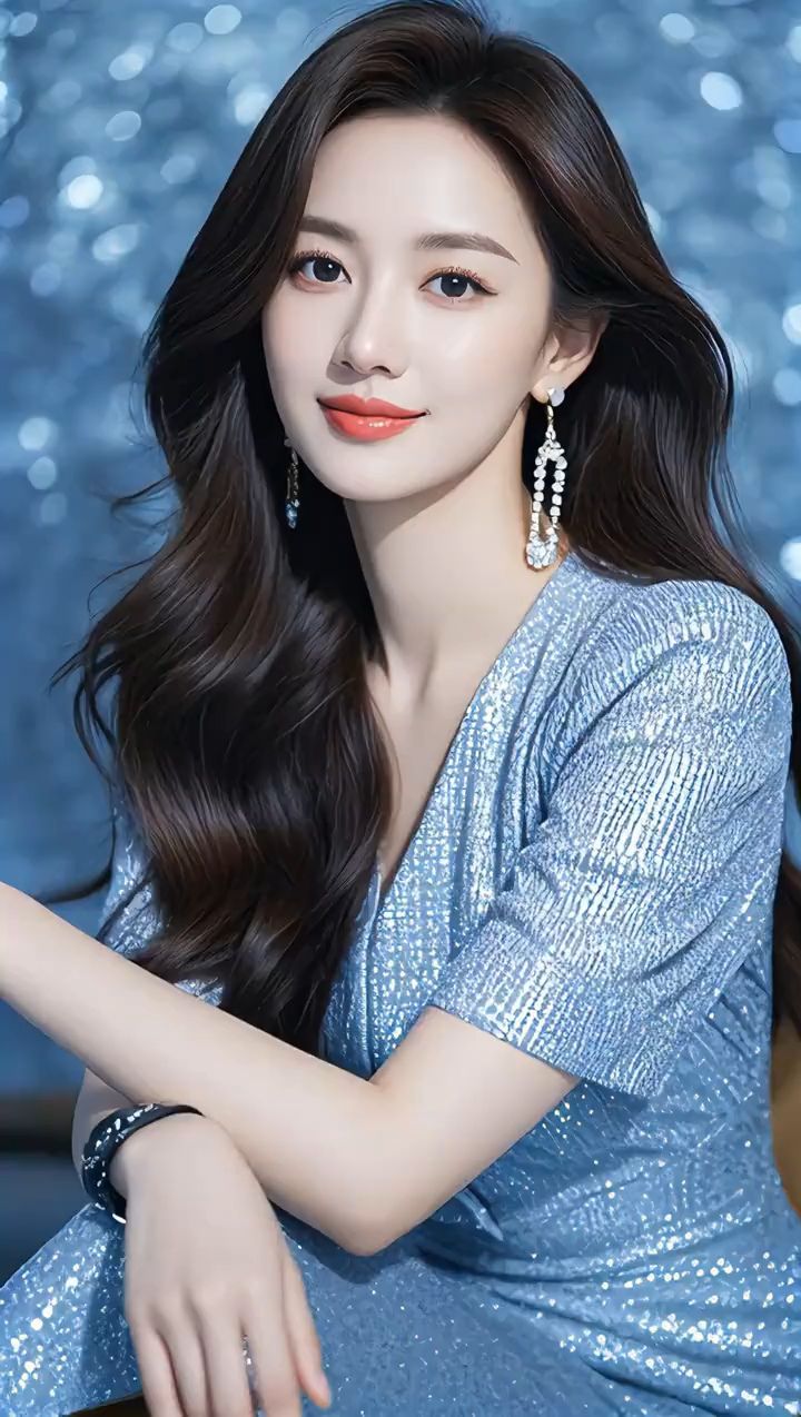 Woman with long dark hair wearing a blue sparkling dress and earrings