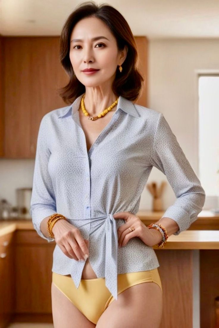 Woman in a tied shirt and yellow underwear in a kitchen