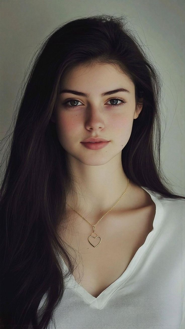 Woman with long dark hair wearing a white shirt and heart necklace