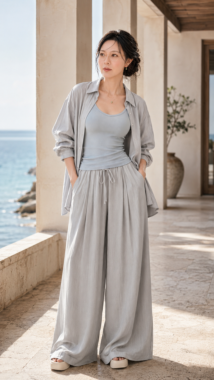 Woman in a light blue outfit standing on a balcony overlooking the ocean