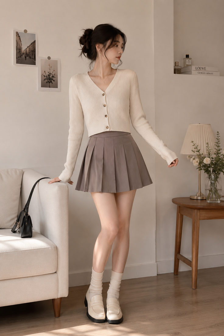 Woman in a pleated skirt and cardigan posing indoors