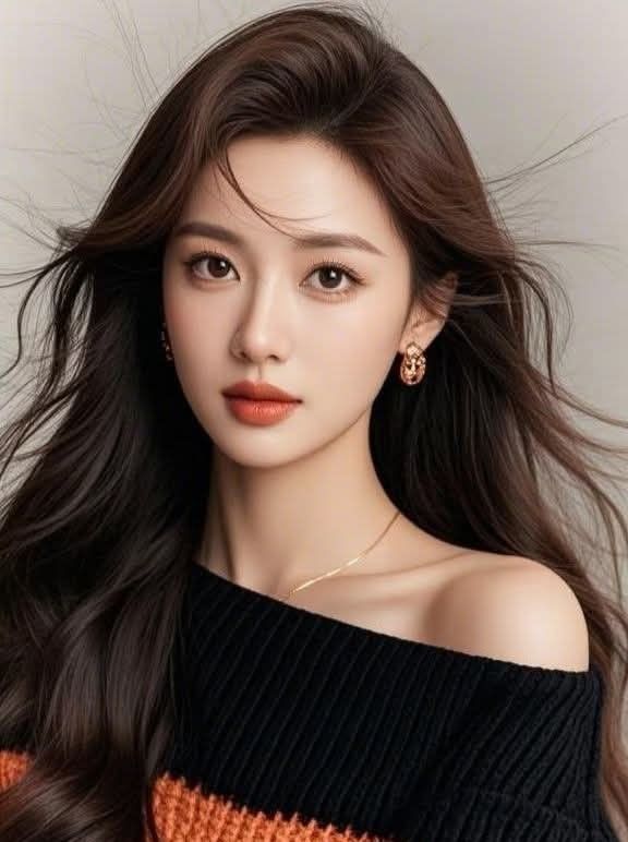Woman with long dark brown hair wearing an off-shoulder top and jewelry