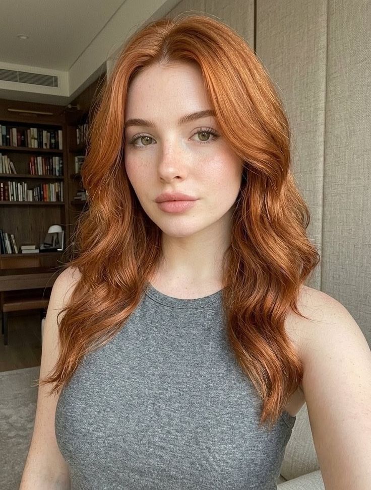 Woman with red hair and freckles wearing a grey tank top indoors