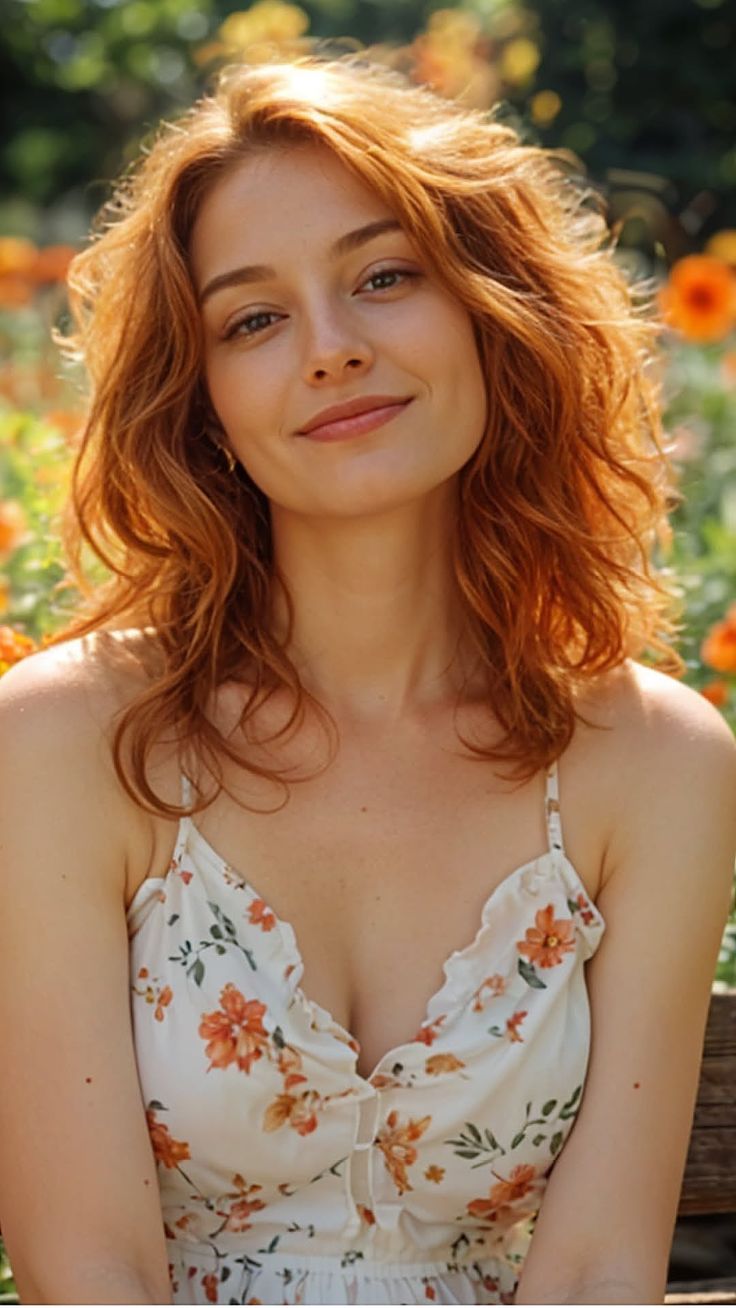 Woman with red hair in a floral dress outdoors with soft lighting