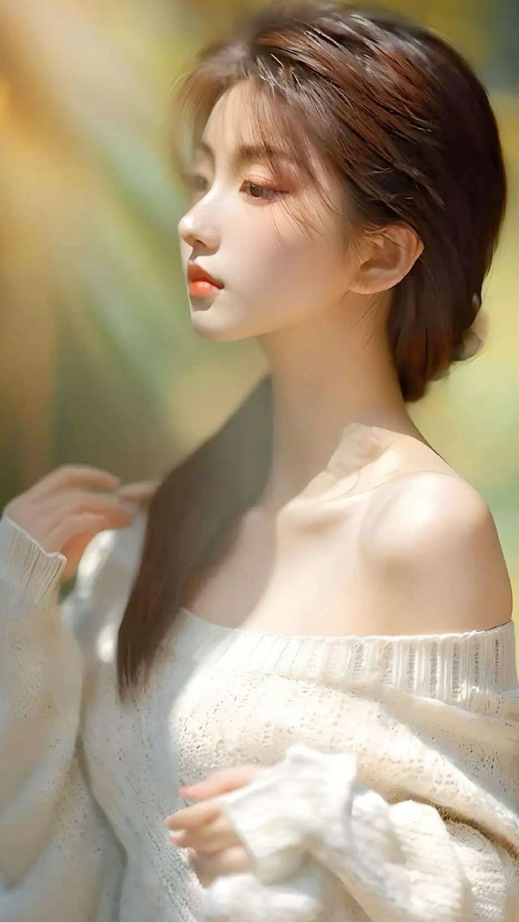Woman in an off-shoulder sweater with soft lighting and warm tones