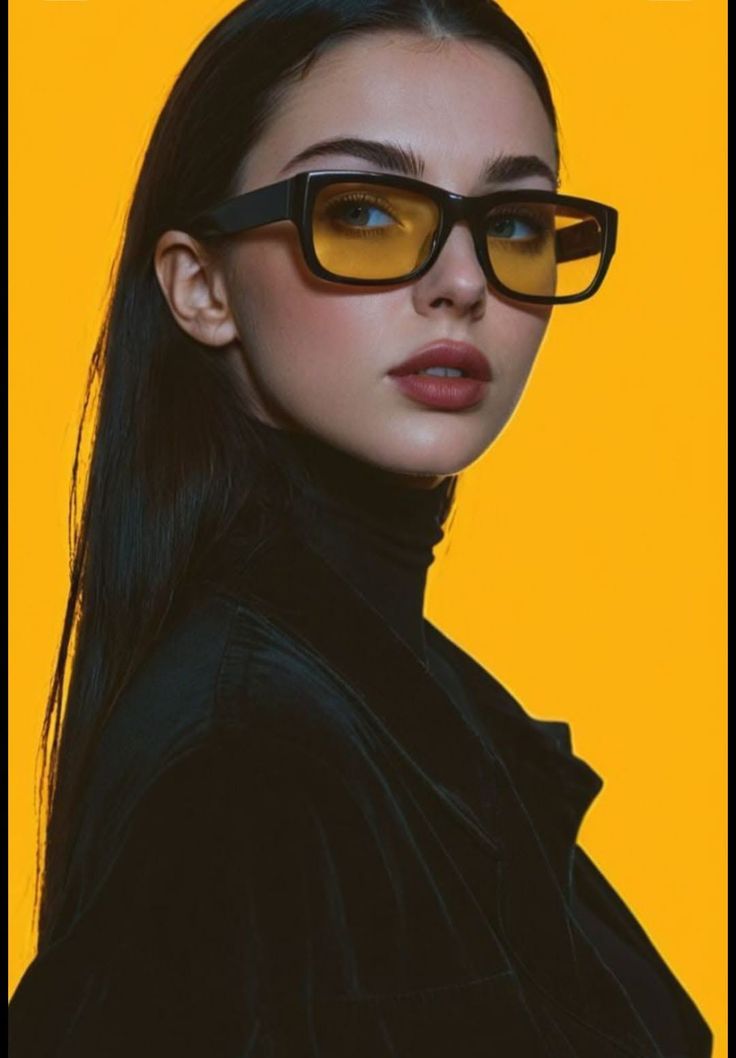 Woman with long black hair and yellow glasses wearing a black turtleneck and jacket