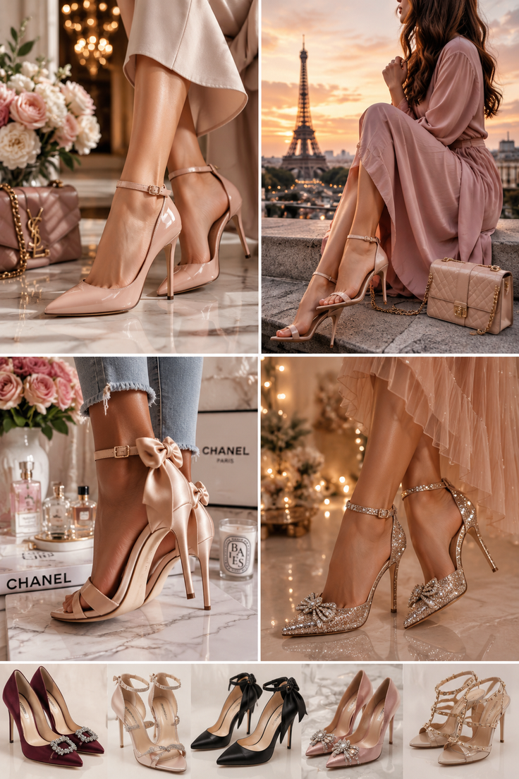 Collage of various high heels in different styles and colors