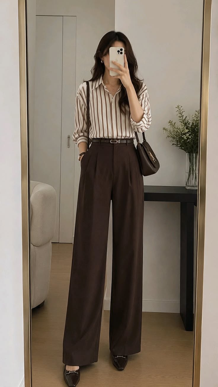 Woman in a striped shirt and wide leg pants taking a mirror selfie